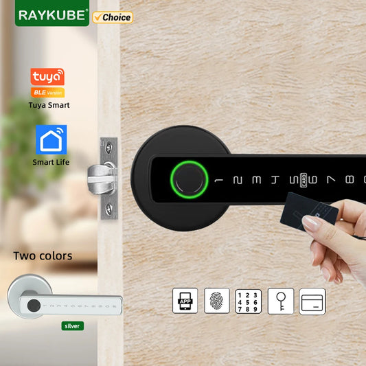 RAYKUBE Tuya BLE Fingerabdruck-Türschloss Digitales Elektronisches Schloss mit Passwort/Schlüssel/IC-Karte/Smartlife/Tuya-APP-Entsperren