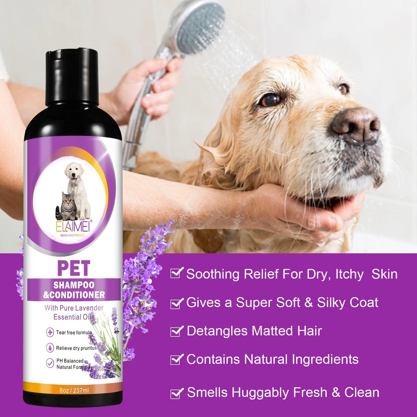 Tiershampoo für Hunde, entwickelt, um Flecken zu entfernen, Haare zu pflegen, Trockenheit und Juckreiz zu lindern, Körpergeruch zu beseitigen und zu nähren
