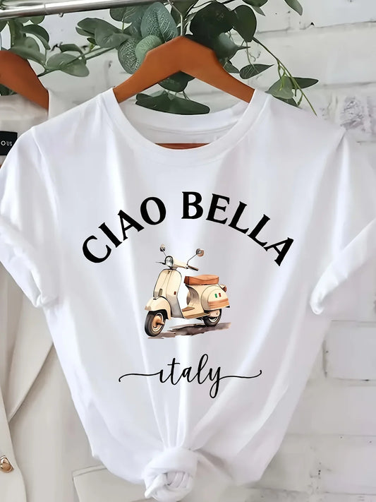 Ciao Bella Damen Crew Hals T-Shirt - Lässige Kurzarm-Briefdruck Polyester Blend Frühling & Sommer Top Italienische Zitrone