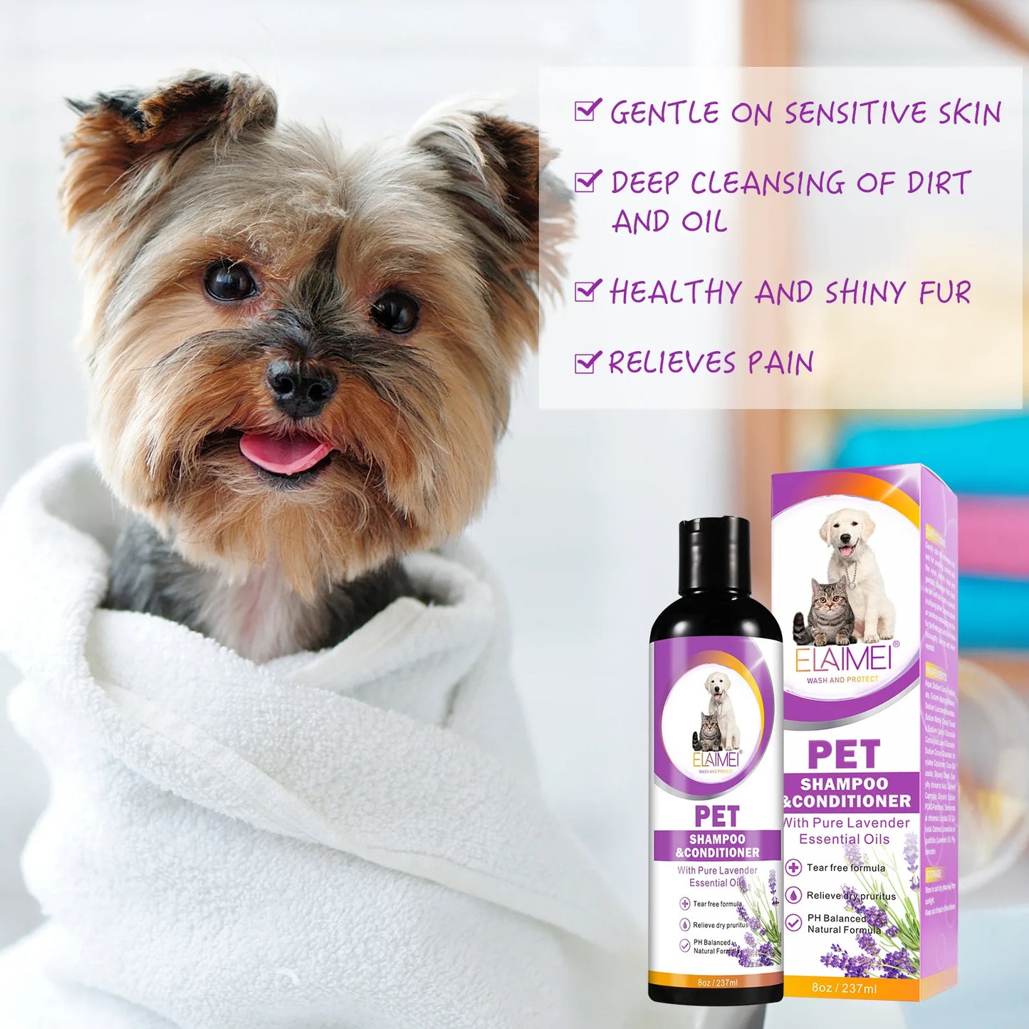 Tiershampoo für Hunde, entwickelt, um Flecken zu entfernen, Haare zu pflegen, Trockenheit und Juckreiz zu lindern, Körpergeruch zu beseitigen und zu nähren